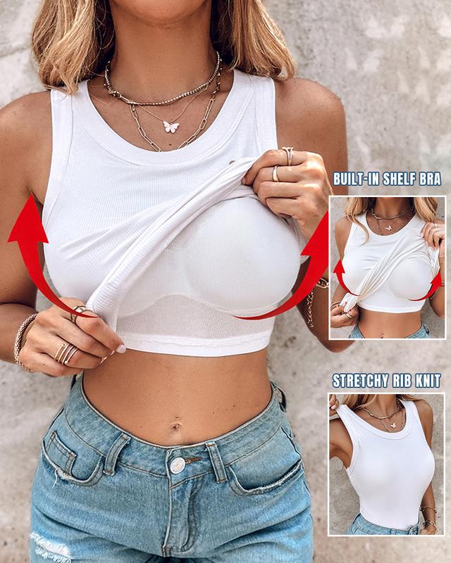💥Chicme Round Neck Built-in Bra Ribbed Tank Top Fit Casual Comfortable
