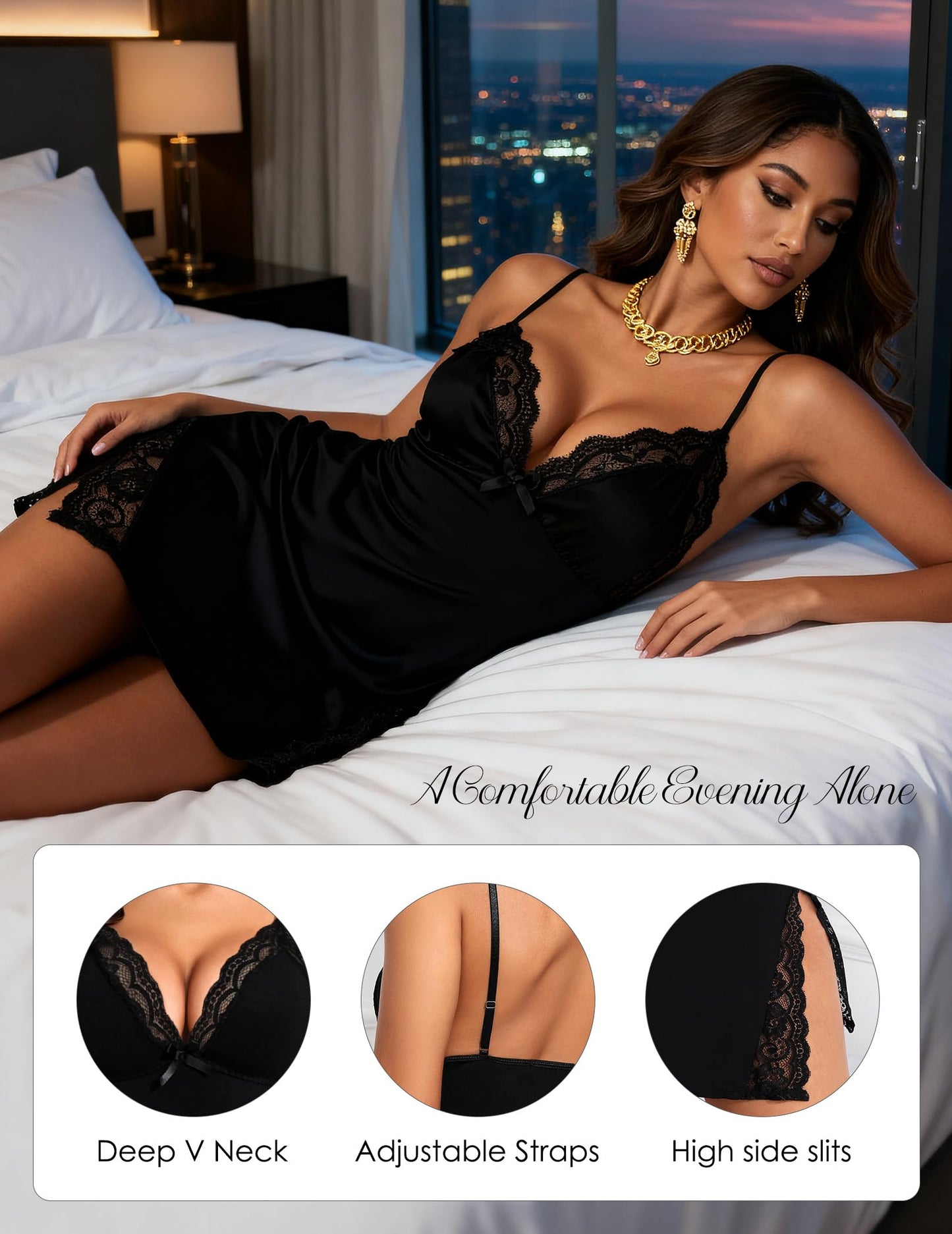 🔥Lace Trim Slit Bowknot Decor Sleep Dress
