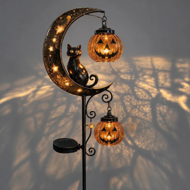 šSolar Black Cat & Pumpkin Moon Stake Light