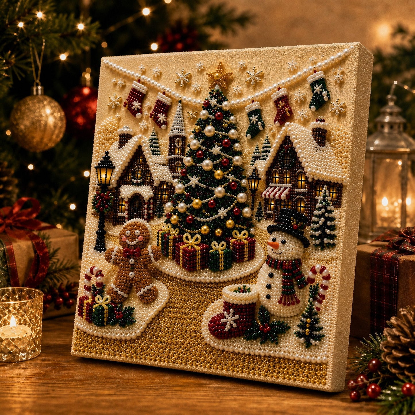 🎅 🎄 Premium 3D Pearl Christmas Wall Art Kit | Luxury Flocked Canvas with Scratch-Resistant Non-Fading Pearl Beads DIY Holiday Decor⛄️❄️