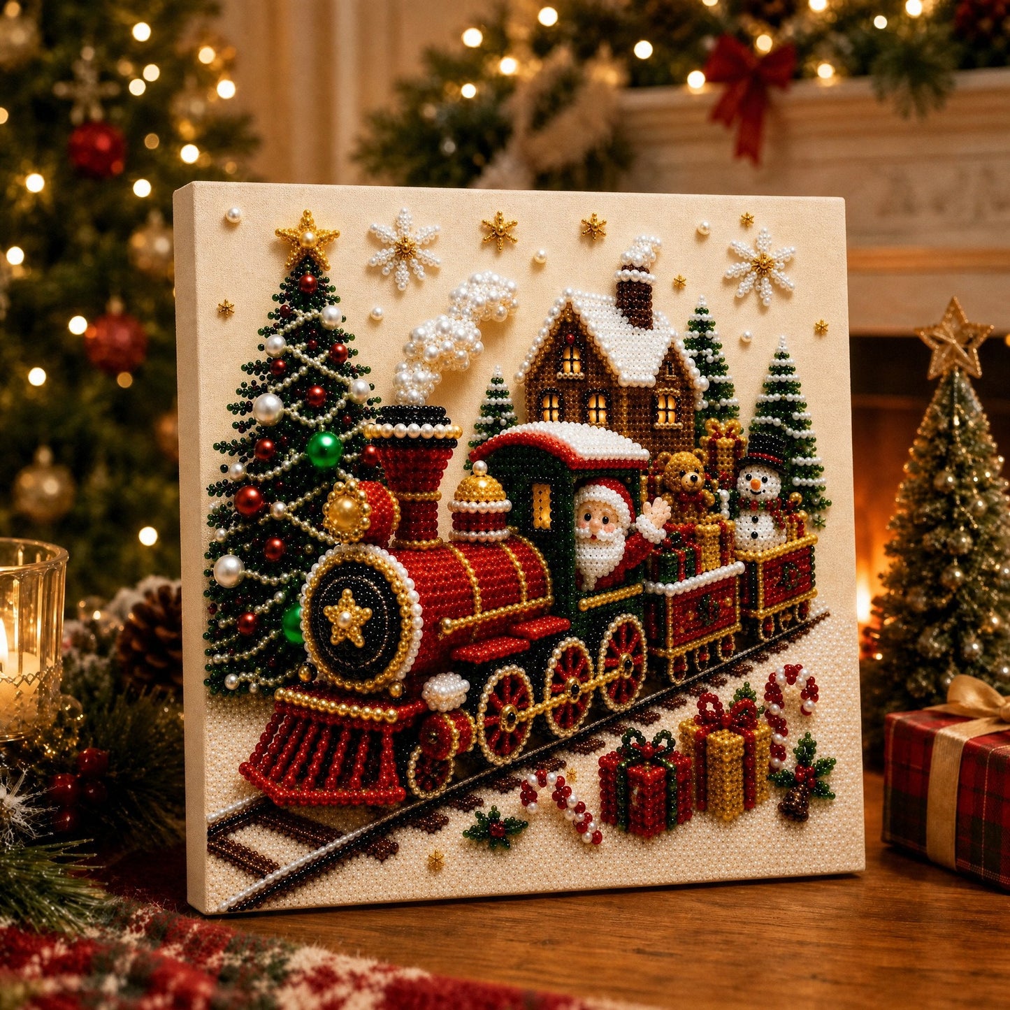 🎅 🎄 Premium 3D Pearl Christmas Wall Art Kit | Luxury Flocked Canvas with Scratch-Resistant Non-Fading Pearl Beads DIY Holiday Decor⛄️❄️