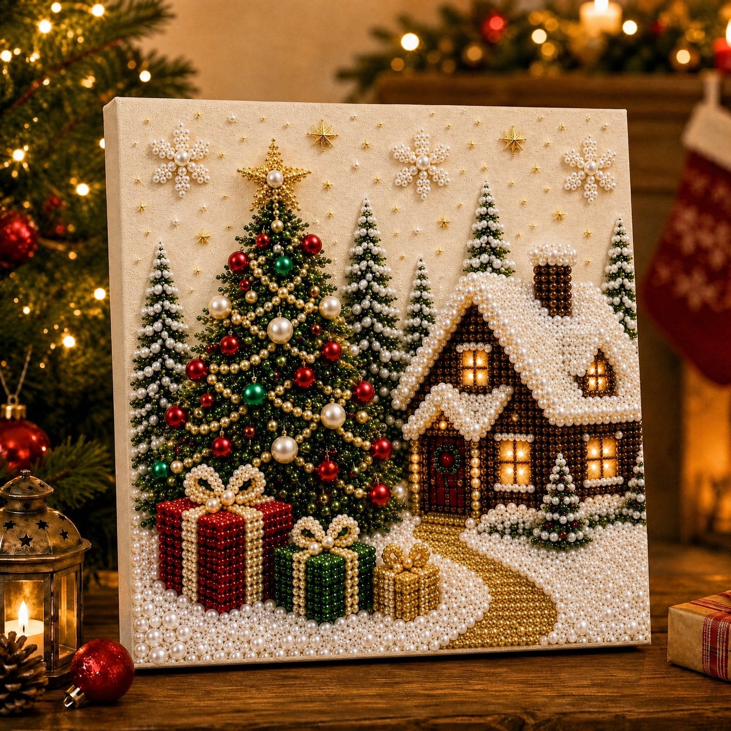 🎅 🎄 Premium 3D Pearl Christmas Wall Art Kit | Luxury Flocked Canvas with Scratch-Resistant Non-Fading Pearl Beads DIY Holiday Decor⛄️❄️
