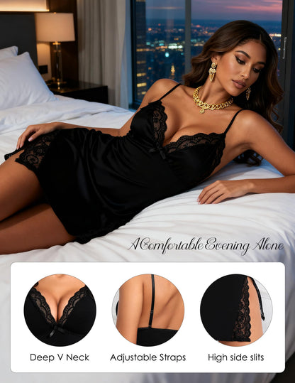 🔥Lace Trim Slit Bowknot Decor Sleep Dress
