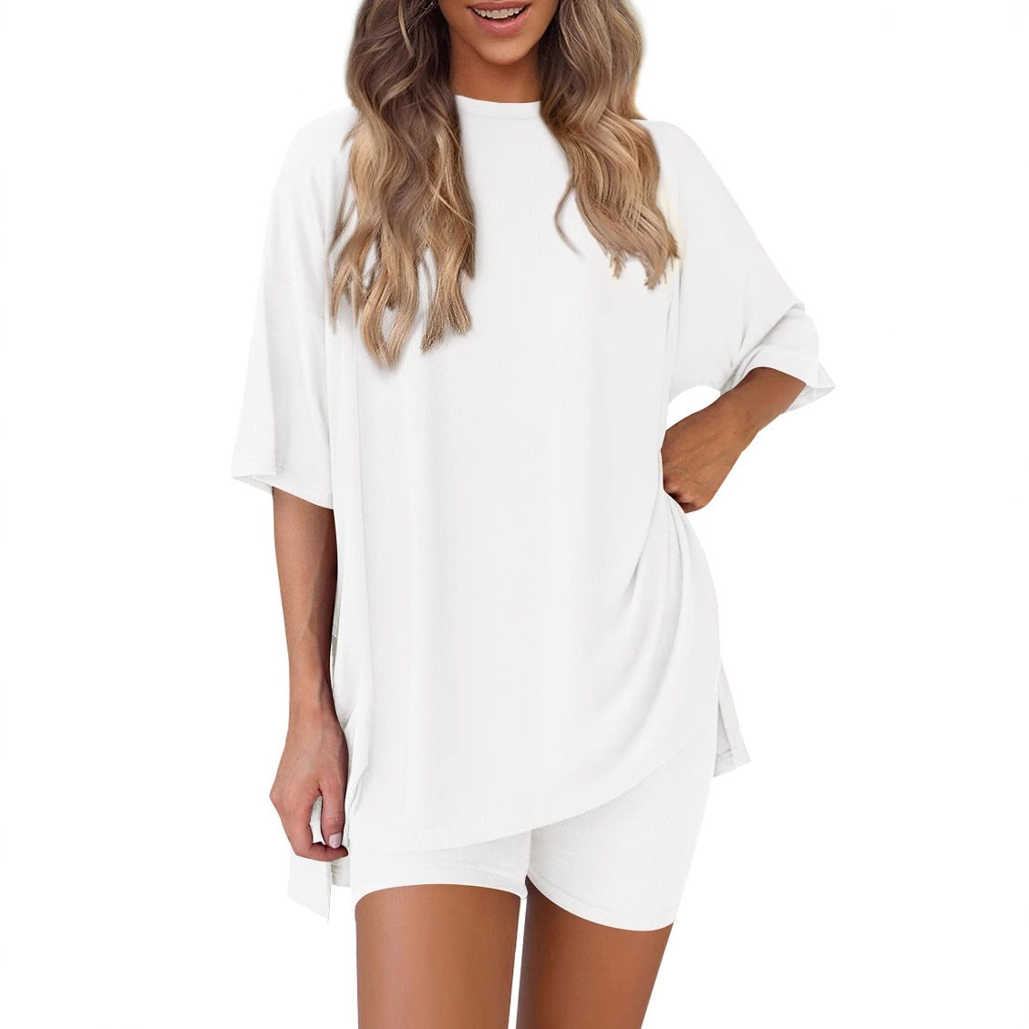 Casual Oversized 2-Piece Lounge Set with Crewneck & Split Hem