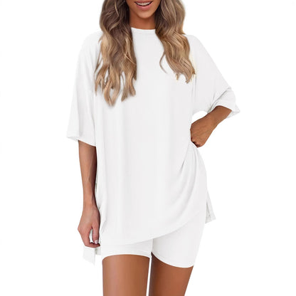 Casual Oversized 2-Piece Lounge Set with Crewneck & Split Hem