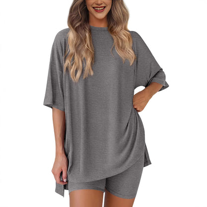 Casual Oversized 2-Piece Lounge Set with Crewneck & Split Hem
