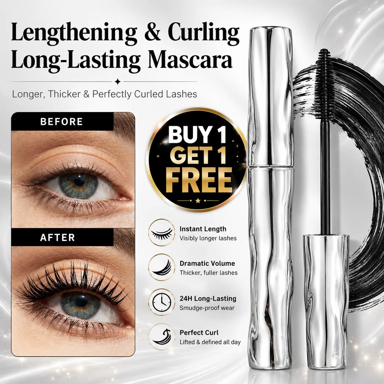 LAST DAY - BUY 1 GET 1 FREE💜Waterproof Curling & Lengthening Mascara